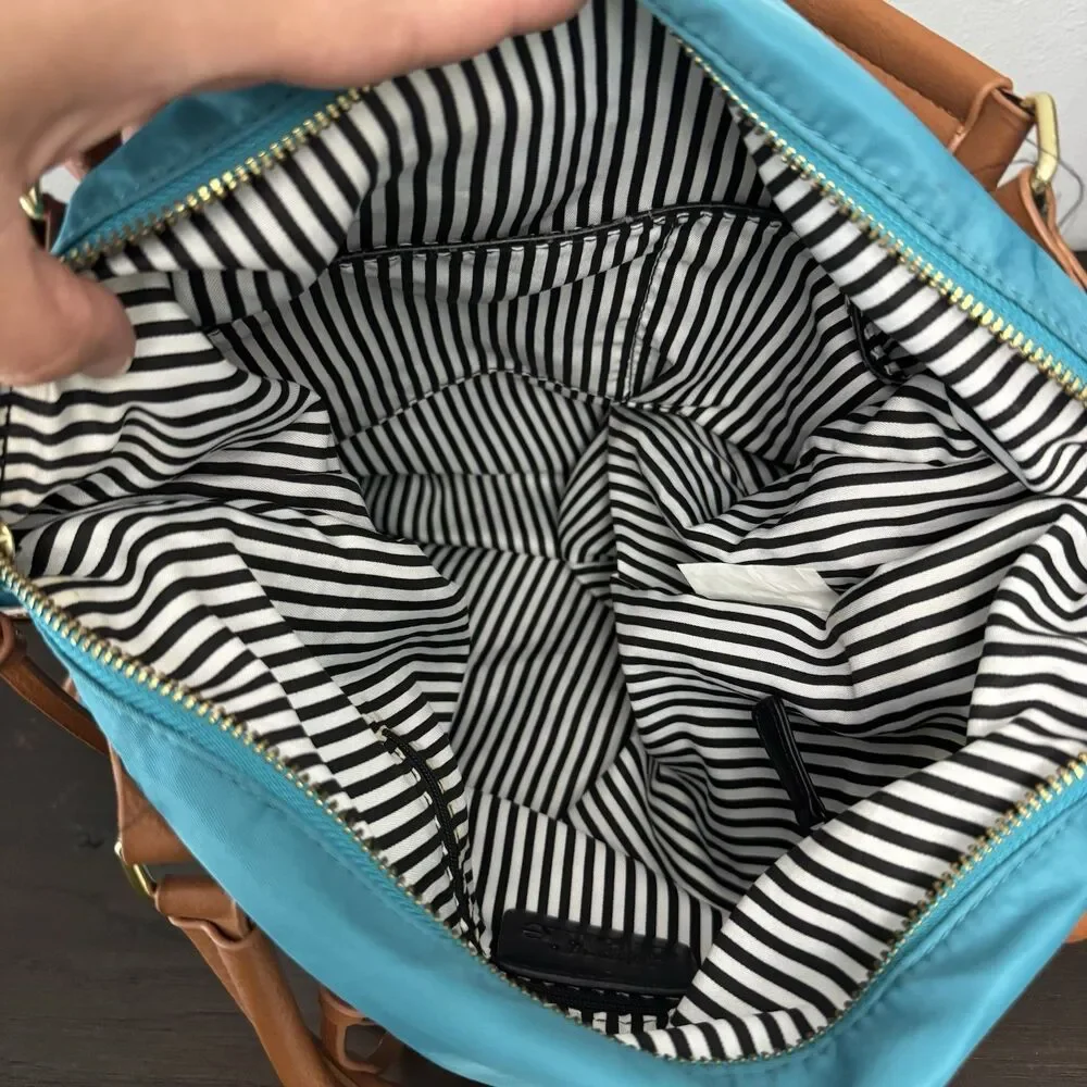 Charming Charlie Turquoise Nylon Convertible Shoulder Bag Tote Striped Lining